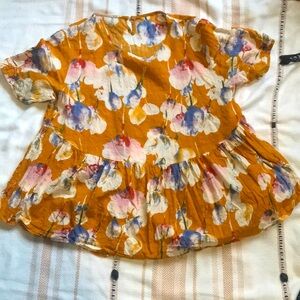 Flower Print Dip Hem Smock Blouse Size S/M